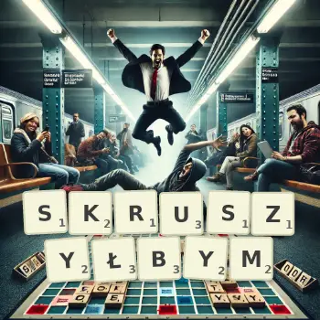 Kreatywna ilustracja do gry w Scrabble ze słowem SKRUSZYŁBYM ułożonym z płytek na planszy.