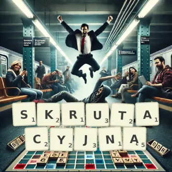 Kreatywna ilustracja do gry w Scrabble ze słowem SKRUTACYJNĄ ułożonym z płytek na planszy.