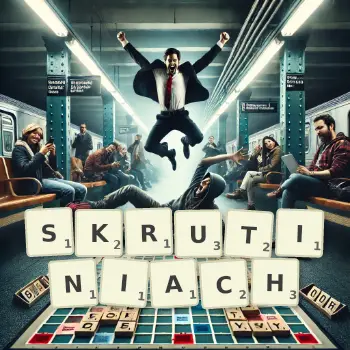 Kreatywna ilustracja do gry w Scrabble ze słowem SKRUTINIACH ułożonym z płytek na planszy.