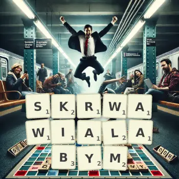 Kreatywna ilustracja do gry w Scrabble ze słowem SKRWAWIALABYM ułożonym z płytek na planszy.
