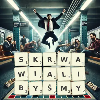 Kreatywna ilustracja do gry w Scrabble ze słowem SKRWAWIALIBYŚMY ułożonym z płytek na planszy.