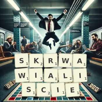 Kreatywna ilustracja do gry w Scrabble ze słowem SKRWAWIALISCIE ułożonym z płytek na planszy.