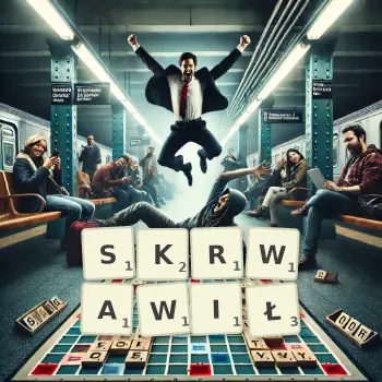 Kreatywna ilustracja do gry w Scrabble ze słowem SKRWAWIŁ ułożonym z płytek na planszy.