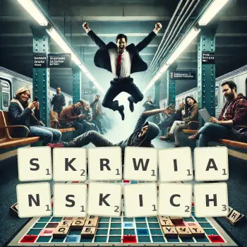 Kreatywna ilustracja do gry w Scrabble ze słowem SKRWIANSKICH ułożonym z płytek na planszy.