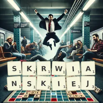 Kreatywna ilustracja do gry w Scrabble ze słowem SKRWIANSKIEJ ułożonym z płytek na planszy.