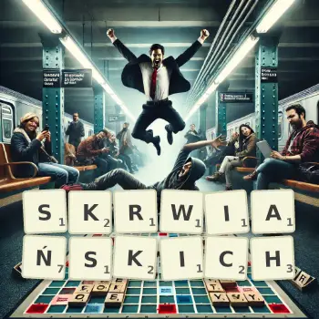 Kreatywna ilustracja do gry w Scrabble ze słowem SKRWIAŃSKICH ułożonym z płytek na planszy.