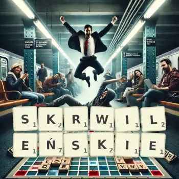 Kreatywna ilustracja do gry w Scrabble ze słowem SKRWILEŃSKIE ułożonym z płytek na planszy.