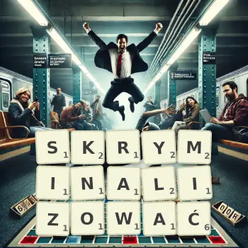 Kreatywna ilustracja do gry w Scrabble ze słowem SKRYMINALIZOWAĆ ułożonym z płytek na planszy.