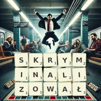 Kreatywna ilustracja do gry w Scrabble ze słowem SKRYMINALIZOWAŁ ułożonym z płytek na planszy.