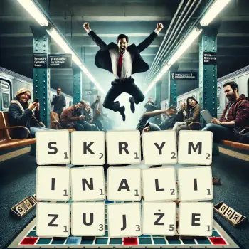 Kreatywna ilustracja do gry w Scrabble ze słowem SKRYMINALIZUJŻE ułożonym z płytek na planszy.