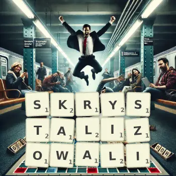 Kreatywna ilustracja do gry w Scrabble ze słowem SKRYSTALIZOWALI ułożonym z płytek na planszy.