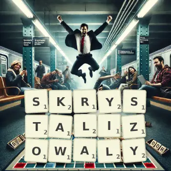 Kreatywna ilustracja do gry w Scrabble ze słowem SKRYSTALIZOWALY ułożonym z płytek na planszy.