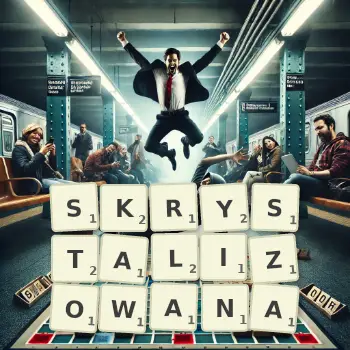 Kreatywna ilustracja do gry w Scrabble ze słowem SKRYSTALIZOWANA ułożonym z płytek na planszy.