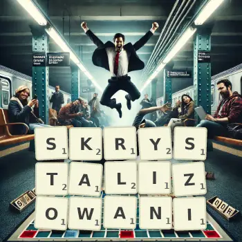 Kreatywna ilustracja do gry w Scrabble ze słowem SKRYSTALIZOWANI ułożonym z płytek na planszy.