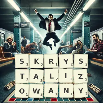 Kreatywna ilustracja do gry w Scrabble ze słowem SKRYSTALIZOWANY ułożonym z płytek na planszy.