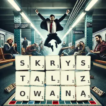 Kreatywna ilustracja do gry w Scrabble ze słowem SKRYSTALIZOWANĄ ułożonym z płytek na planszy.