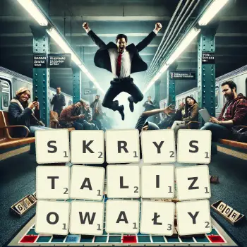 Kreatywna ilustracja do gry w Scrabble ze słowem SKRYSTALIZOWAŁY ułożonym z płytek na planszy.