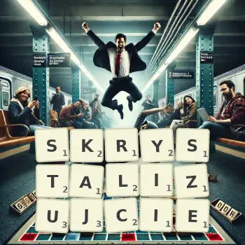 Kreatywna ilustracja do gry w Scrabble ze słowem SKRYSTALIZUJCIE ułożonym z płytek na planszy.