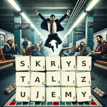 Kreatywna ilustracja do gry w Scrabble ze słowem SKRYSTALIZUJEMY ułożonym z płytek na planszy.