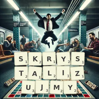 Kreatywna ilustracja do gry w Scrabble ze słowem SKRYSTALIZUJMY ułożonym z płytek na planszy.