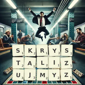 Kreatywna ilustracja do gry w Scrabble ze słowem SKRYSTALIZUJMYZ ułożonym z płytek na planszy.