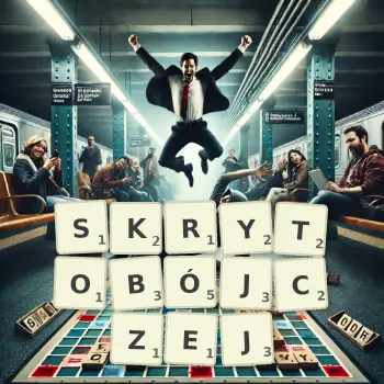 Kreatywna ilustracja do gry w Scrabble ze słowem SKRYTOBÓJCZEJ ułożonym z płytek na planszy.