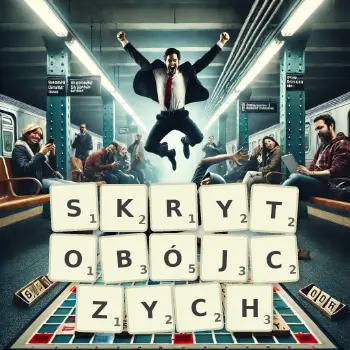 Kreatywna ilustracja do gry w Scrabble ze słowem SKRYTOBÓJCZYCH ułożonym z płytek na planszy.