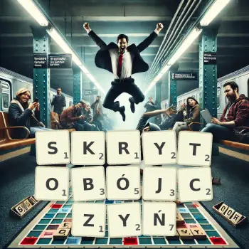 Kreatywna ilustracja do gry w Scrabble ze słowem SKRYTOBÓJCZYŃ ułożonym z płytek na planszy.
