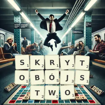 Kreatywna ilustracja do gry w Scrabble ze słowem SKRYTOBÓJSTWO ułożonym z płytek na planszy.