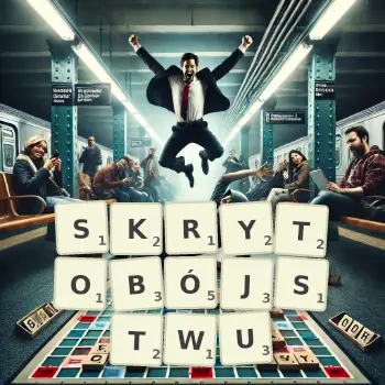 Kreatywna ilustracja do gry w Scrabble ze słowem SKRYTOBÓJSTWU ułożonym z płytek na planszy.