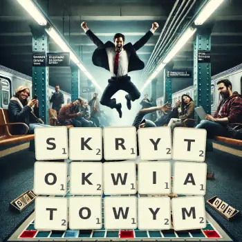 Kreatywna ilustracja do gry w Scrabble ze słowem SKRYTOKWIATOWYM ułożonym z płytek na planszy.