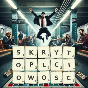 Kreatywna ilustracja do gry w Scrabble ze słowem SKRYTOPLCIOWOSC ułożonym z płytek na planszy.