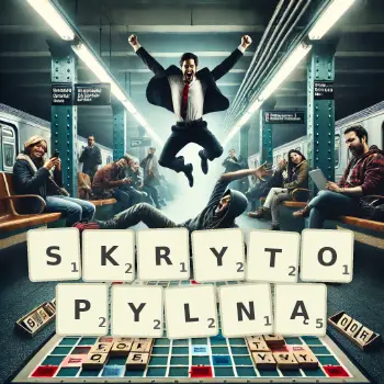 Kreatywna ilustracja do gry w Scrabble ze słowem SKRYTOPYLNĄ ułożonym z płytek na planszy.