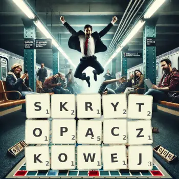 Kreatywna ilustracja do gry w Scrabble ze słowem SKRYTOPĄCZKOWEJ ułożonym z płytek na planszy.