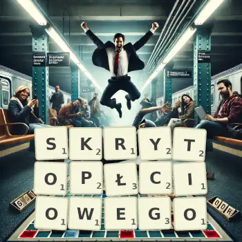 Kreatywna ilustracja do gry w Scrabble ze słowem SKRYTOPŁCIOWEGO ułożonym z płytek na planszy.