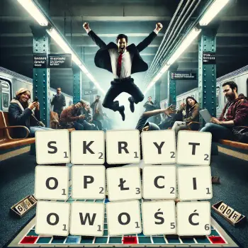 Kreatywna ilustracja do gry w Scrabble ze słowem SKRYTOPŁCIOWOŚĆ ułożonym z płytek na planszy.