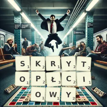 Kreatywna ilustracja do gry w Scrabble ze słowem SKRYTOPŁCIOWY ułożonym z płytek na planszy.