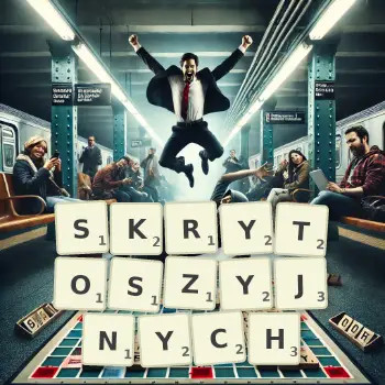 Kreatywna ilustracja do gry w Scrabble ze słowem SKRYTOSZYJNYCH ułożonym z płytek na planszy.