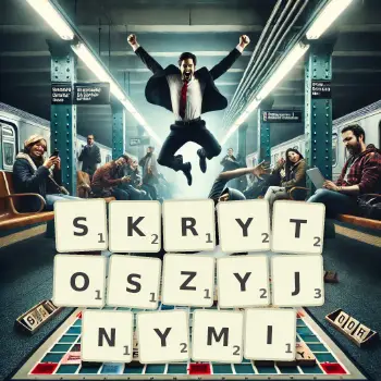 Kreatywna ilustracja do gry w Scrabble ze słowem SKRYTOSZYJNYMI ułożonym z płytek na planszy.