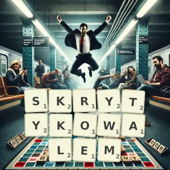 Kreatywna ilustracja do gry w Scrabble ze słowem SKRYTYKOWALEM ułożonym z płytek na planszy.