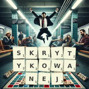 Kreatywna ilustracja do gry w Scrabble ze słowem SKRYTYKOWANEJ ułożonym z płytek na planszy.