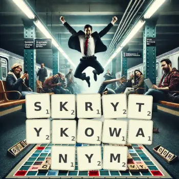 Kreatywna ilustracja do gry w Scrabble ze słowem SKRYTYKOWANYM ułożonym z płytek na planszy.