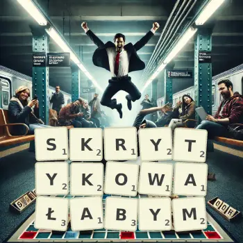 Kreatywna ilustracja do gry w Scrabble ze słowem SKRYTYKOWAŁABYM ułożonym z płytek na planszy.
