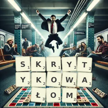 Kreatywna ilustracja do gry w Scrabble ze słowem SKRYTYKOWAŁOM ułożonym z płytek na planszy.