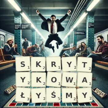 Kreatywna ilustracja do gry w Scrabble ze słowem SKRYTYKOWAŁYŚMY ułożonym z płytek na planszy.