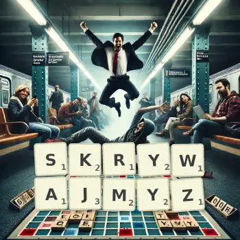 Kreatywna ilustracja do gry w Scrabble ze słowem SKRYWAJMYZ ułożonym z płytek na planszy.