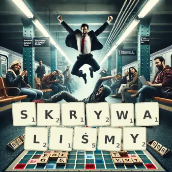 Kreatywna ilustracja do gry w Scrabble ze słowem SKRYWALIŚMY ułożonym z płytek na planszy.