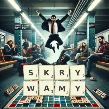 Kreatywna ilustracja do gry w Scrabble ze słowem SKRYWAMY ułożonym z płytek na planszy.