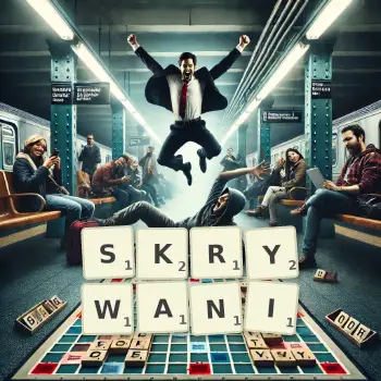 Kreatywna ilustracja do gry w Scrabble ze słowem SKRYWANI ułożonym z płytek na planszy.