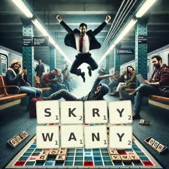 Kreatywna ilustracja do gry w Scrabble ze słowem SKRYWANY ułożonym z płytek na planszy.